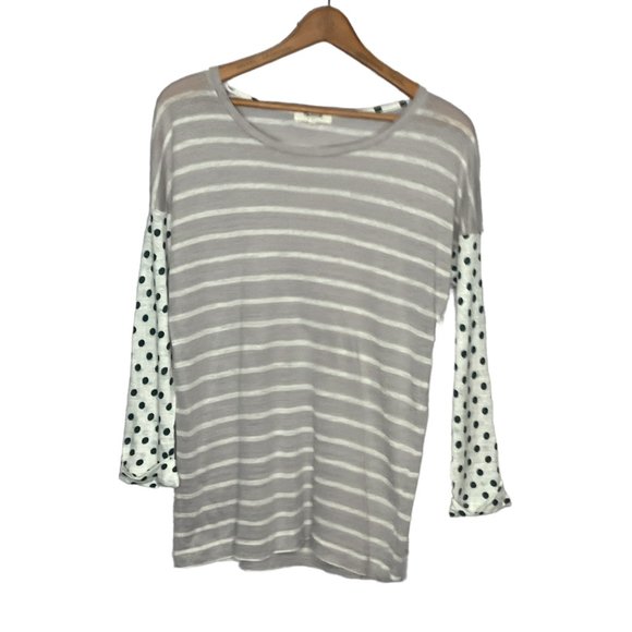 Madewell Small S‎ Gray Striped Green Polka Dot Contrast 100% Linen Tee Shirt Top - Picture 1 of 4
